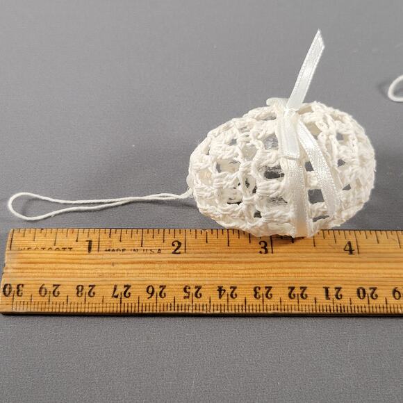 Set of 2 Eggs White Handmade Crochet Hanging Lace Ornaments with Ribbon Bows - Picture 8 of 10